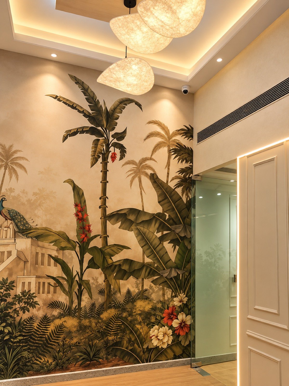 Custom mural wallpaper across a full living-room wall, shot straight-on