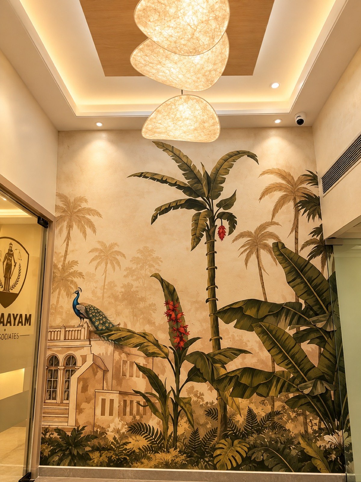 Hotel corridor with continuous custom wallpaper, doors aligned to the pattern