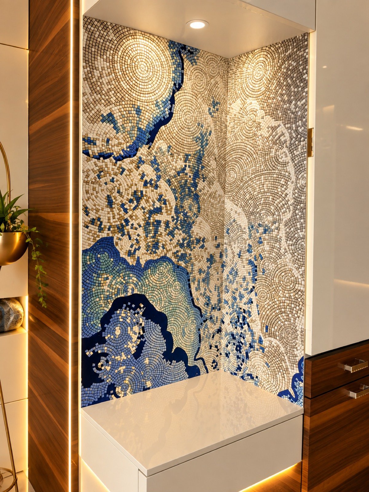 Tall panel printed as a blue and gold mosaic, lit from above