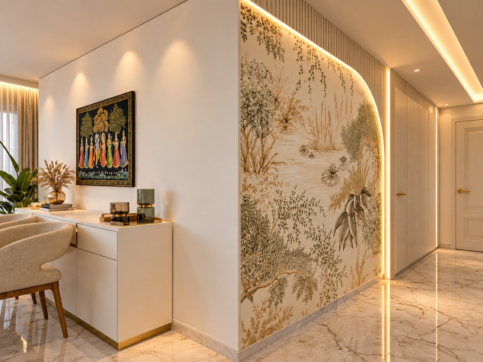 Curved passage wall in a gold botanical print, pattern continuing around the curve