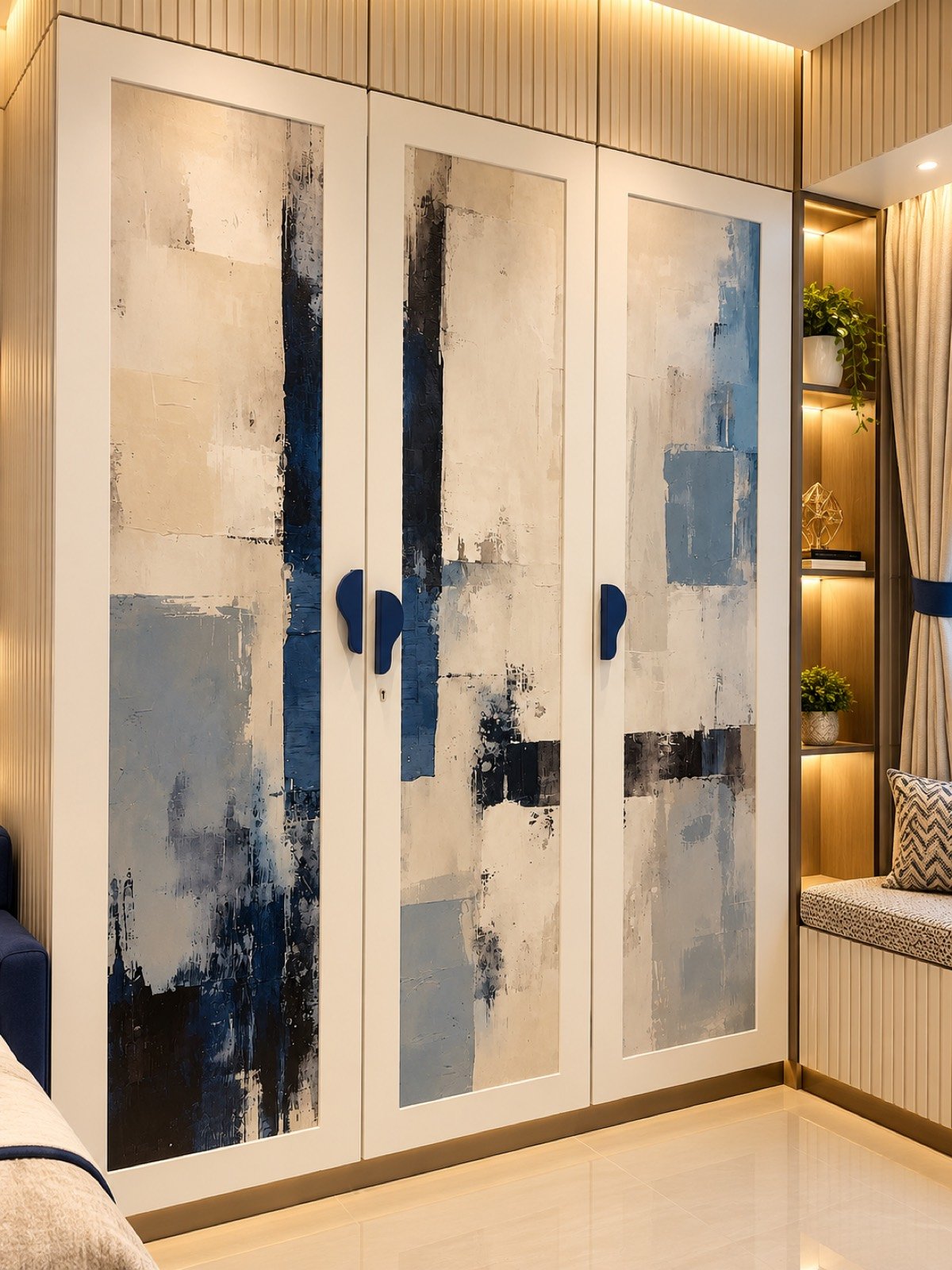 Double-height lobby wall with a large printed art panel