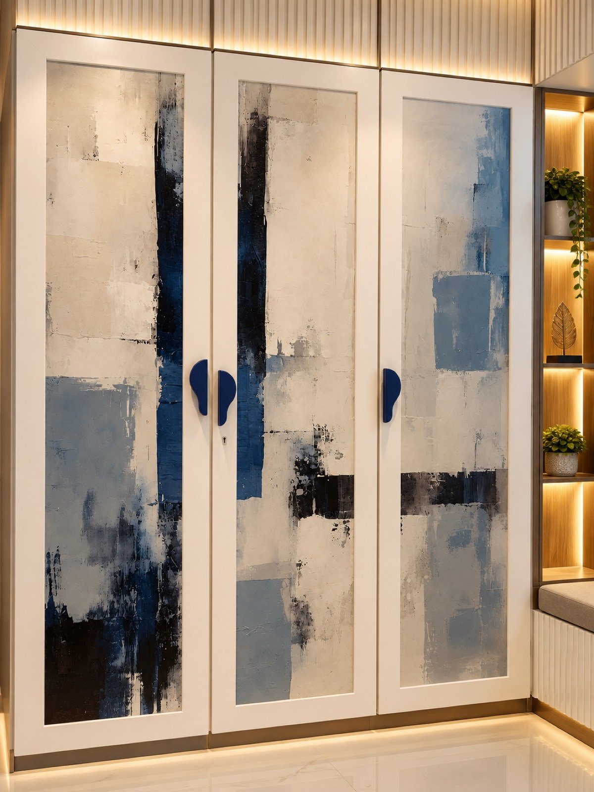 Hotel corridor with a series of large framed art prints