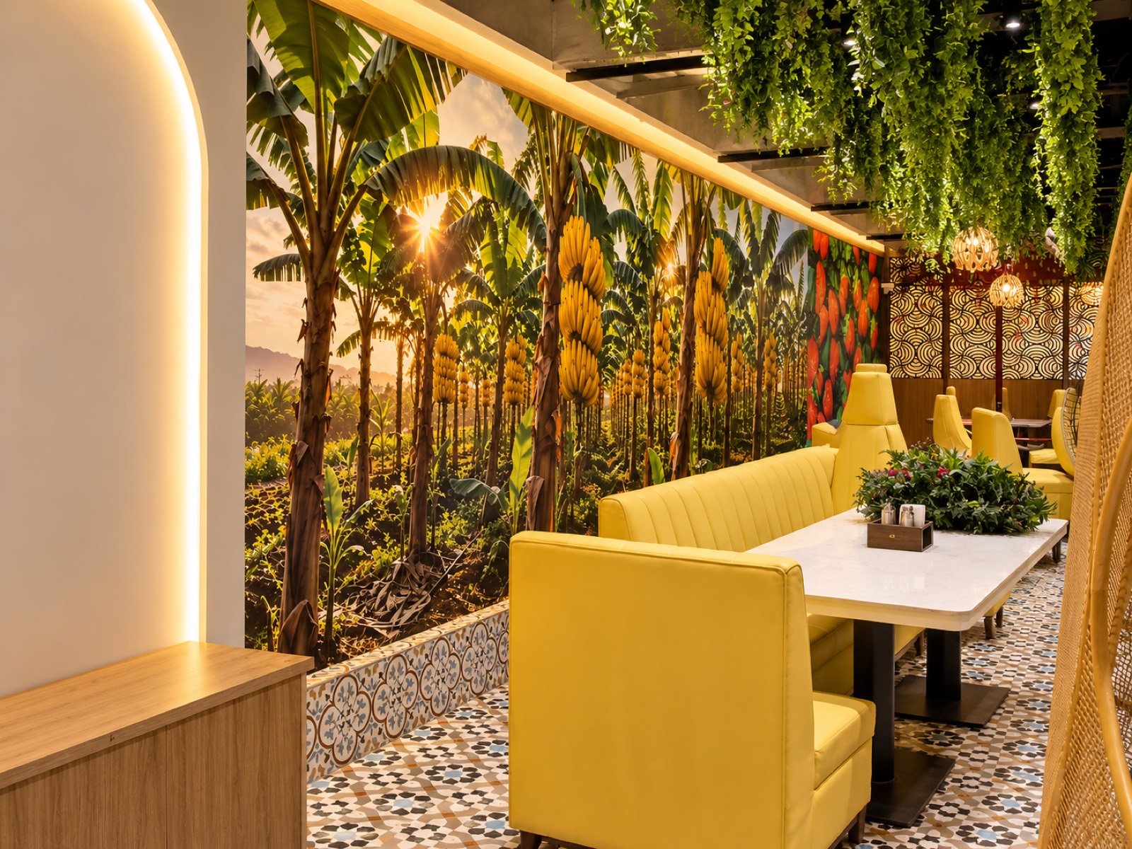 Restaurant seating with a sunlit banana grove mural along the wall