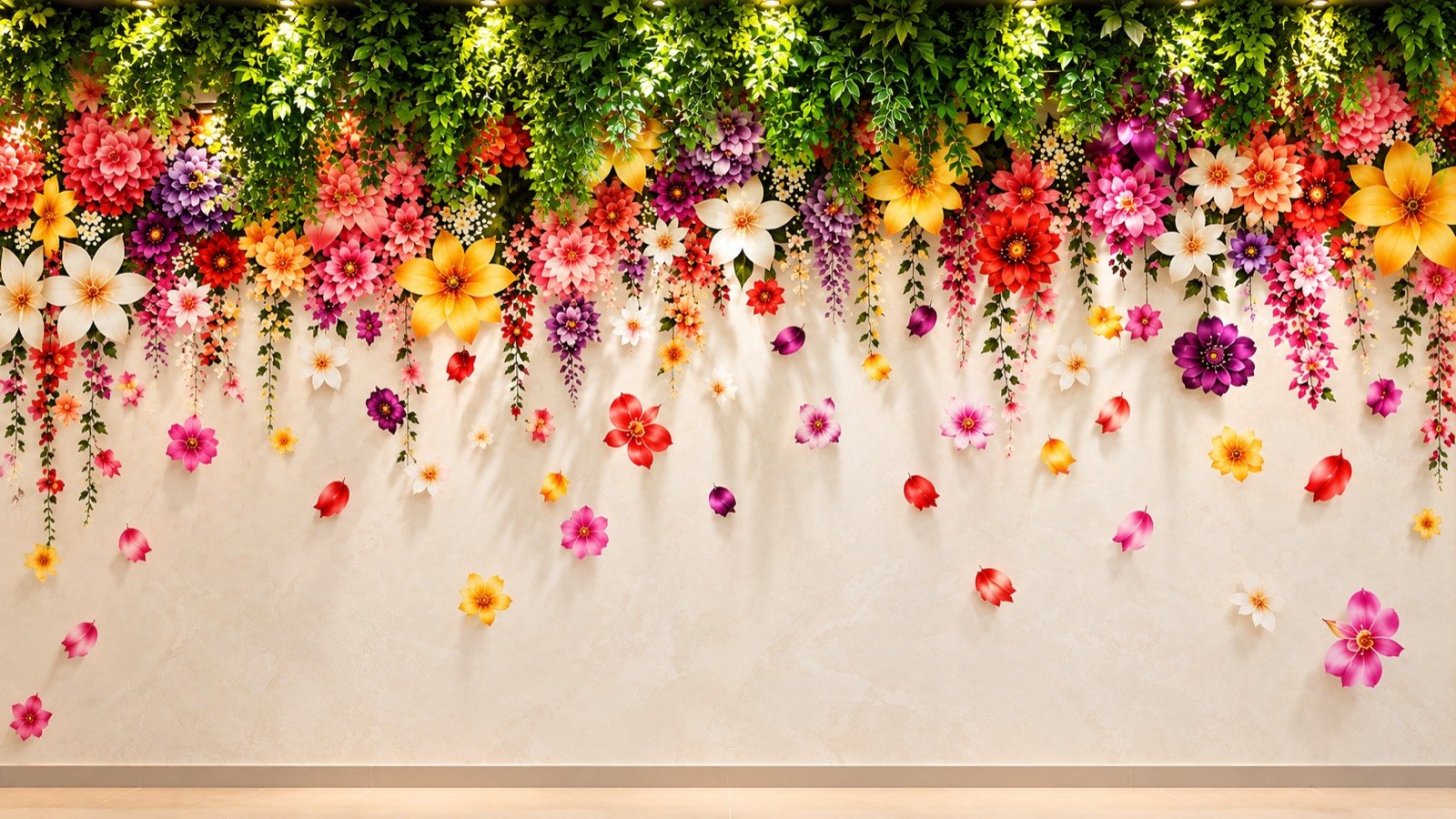 Wall mural of flowers hanging from greenery across the top