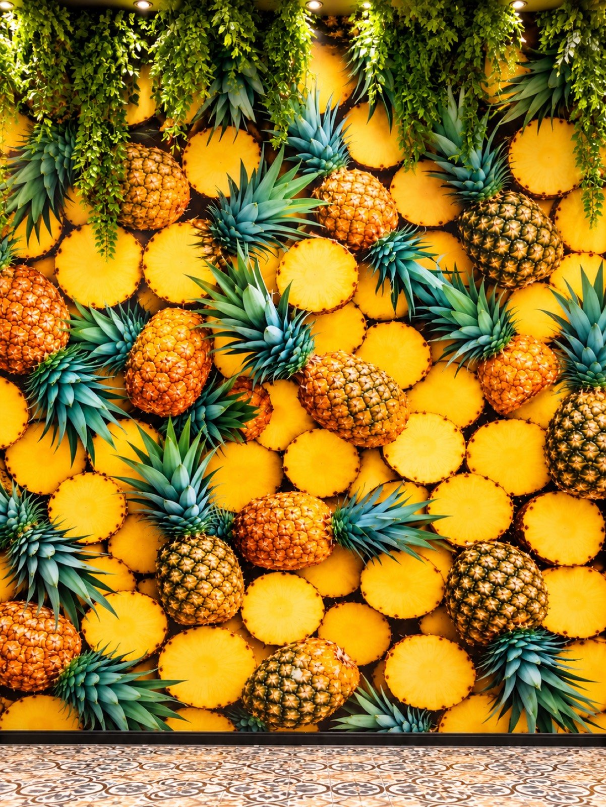 Café wall printed with pineapples, hanging greenery above