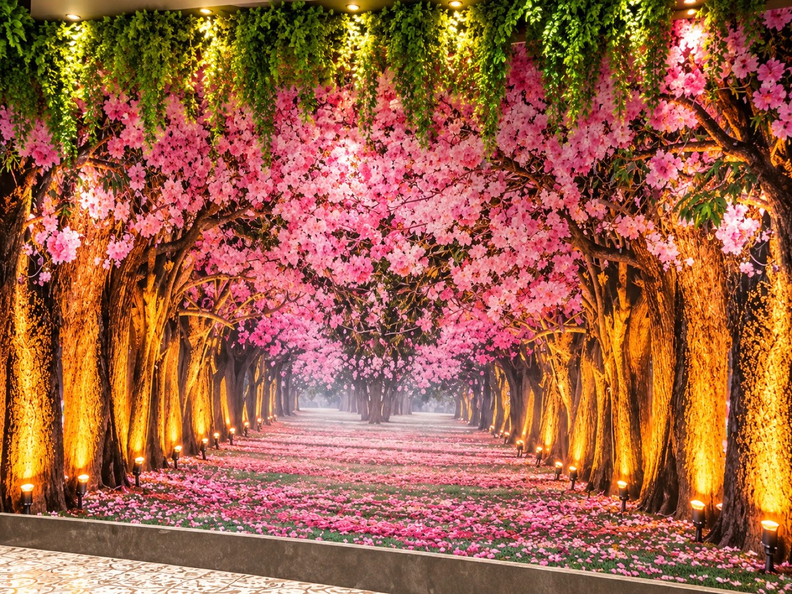 Wall mural of a lit avenue of pink blossom trees