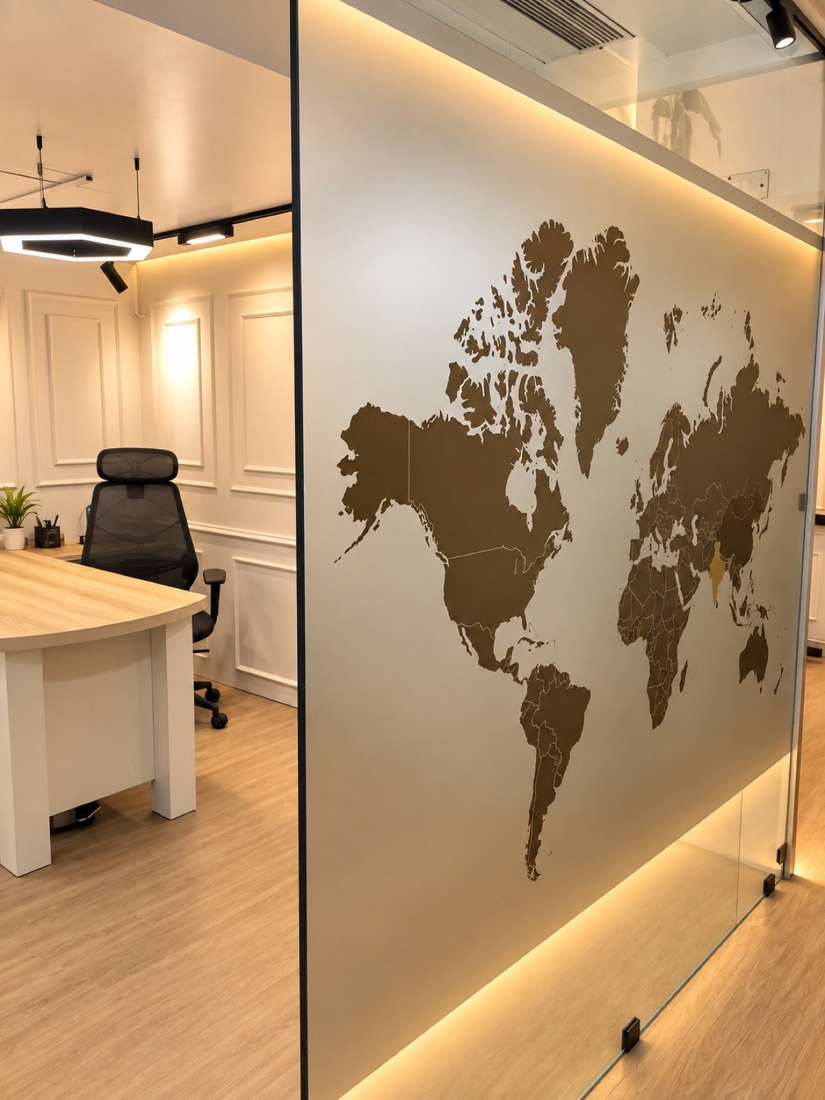 Wide shot of glass partition wall with applied film