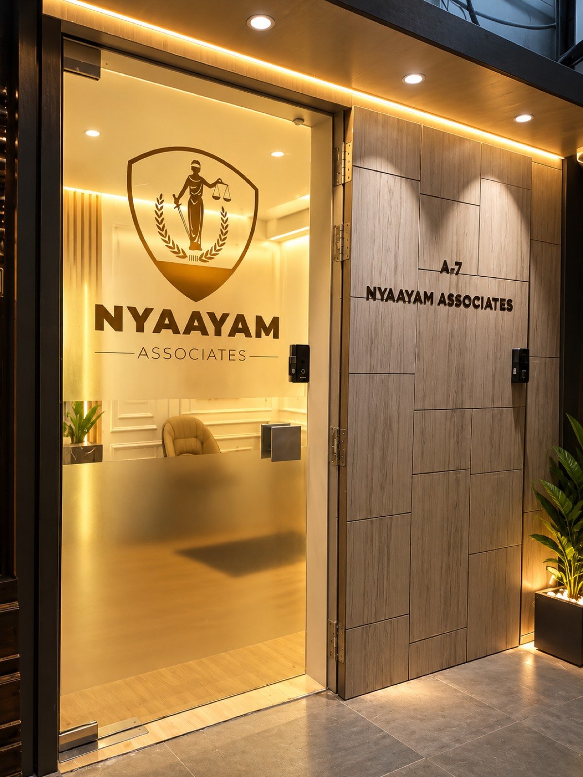 Entrance glass door carrying the firm's logo, lit at night