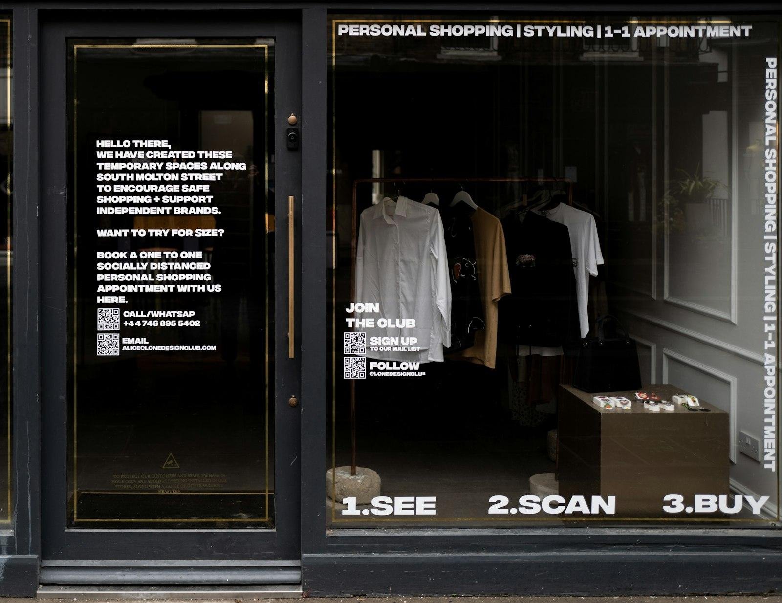 Shop window carrying printed graphics and lettering